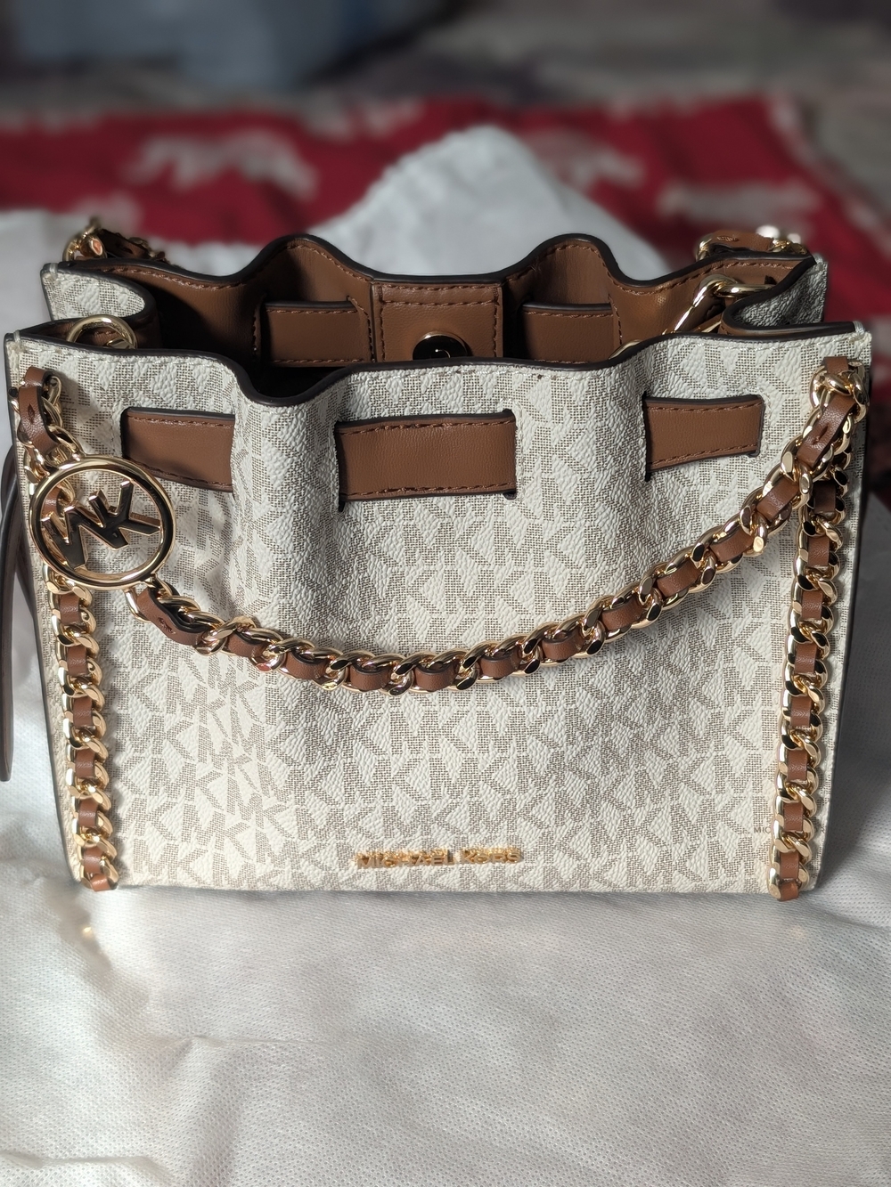 Michael Kors Cream Logo Chain-Trim Shoulder Bag with Tan Accents